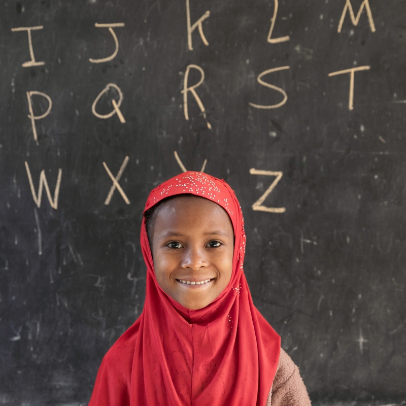 A first grade student at the blackboard; Felege Abay Elementary School, Bahar Dar, Ethiopia. Credit: GPE/Kelley Lynch