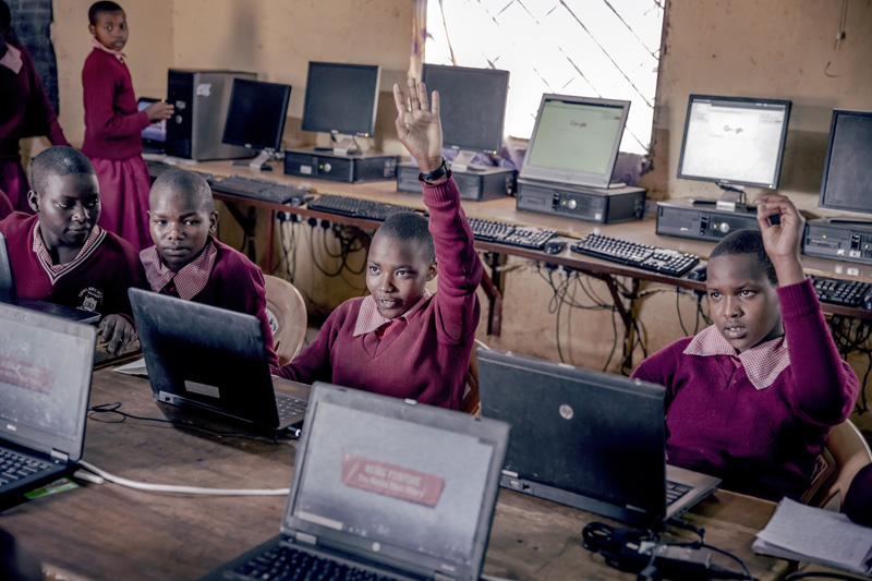 Students from Class 8 study in the computer lab at Marble Quarry Primary School in Kajiado Central on the outskirts of Nairobi, Kenya. Credit: GPE/Luis Tato