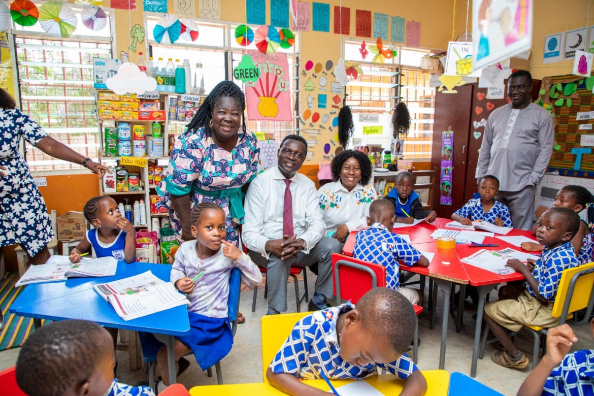Sabre Education staff welcome Ghana's Minister of Education, Dr. Yaw Osei Adutwum, to Aburi Presby 'B' Kindergarten, a Sabre-supported school in Akuapim South, Eastern Region.